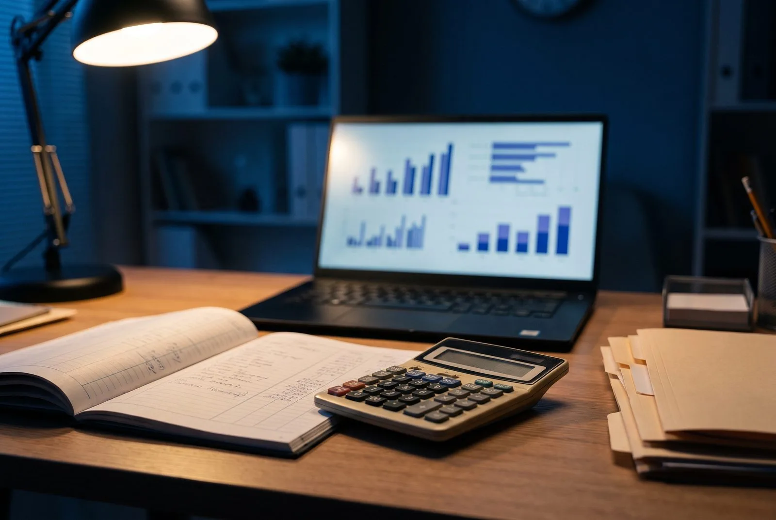 Accountantsbureau in de avond: grootboek, rekenmachine en laptop met AI-grafieken — AI voor accountantskantoren