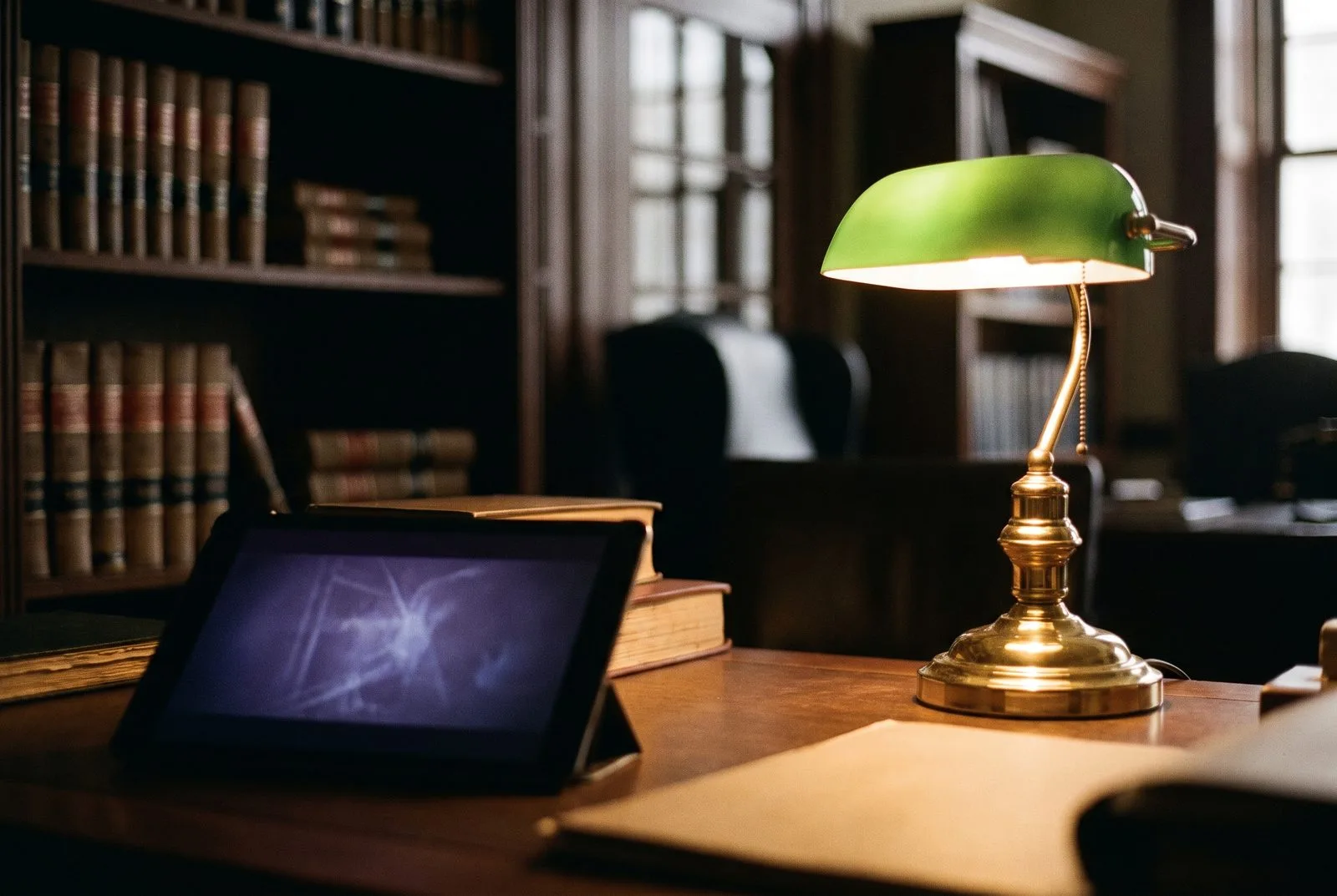 Advocatenkantoor met boekenkast en tablet met AI-dossieroverzicht — AI voor advocatenkantoren en juridische dienstverlening