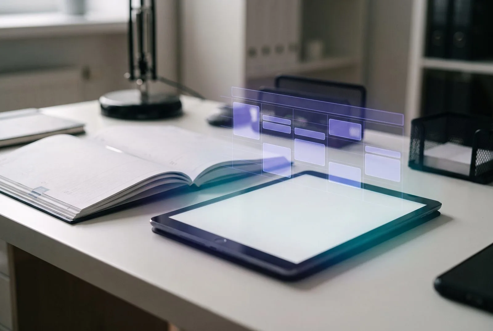 Bureau met planner en tablet met zwevende AI-weekagenda — automatisch afspraken inplannen via AI