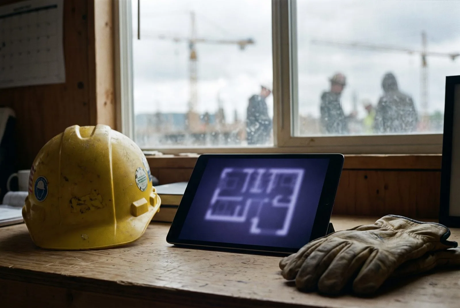 Bouwkeet met helm, handschoenen en tablet met AI-plattegrond — AI voor bouw- en installatiebedrijven Nederland