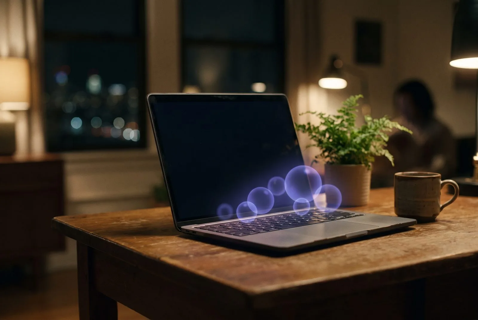 Laptop op houten bureau met zwevende chatballonnen van licht — AI chatbot voor uw website