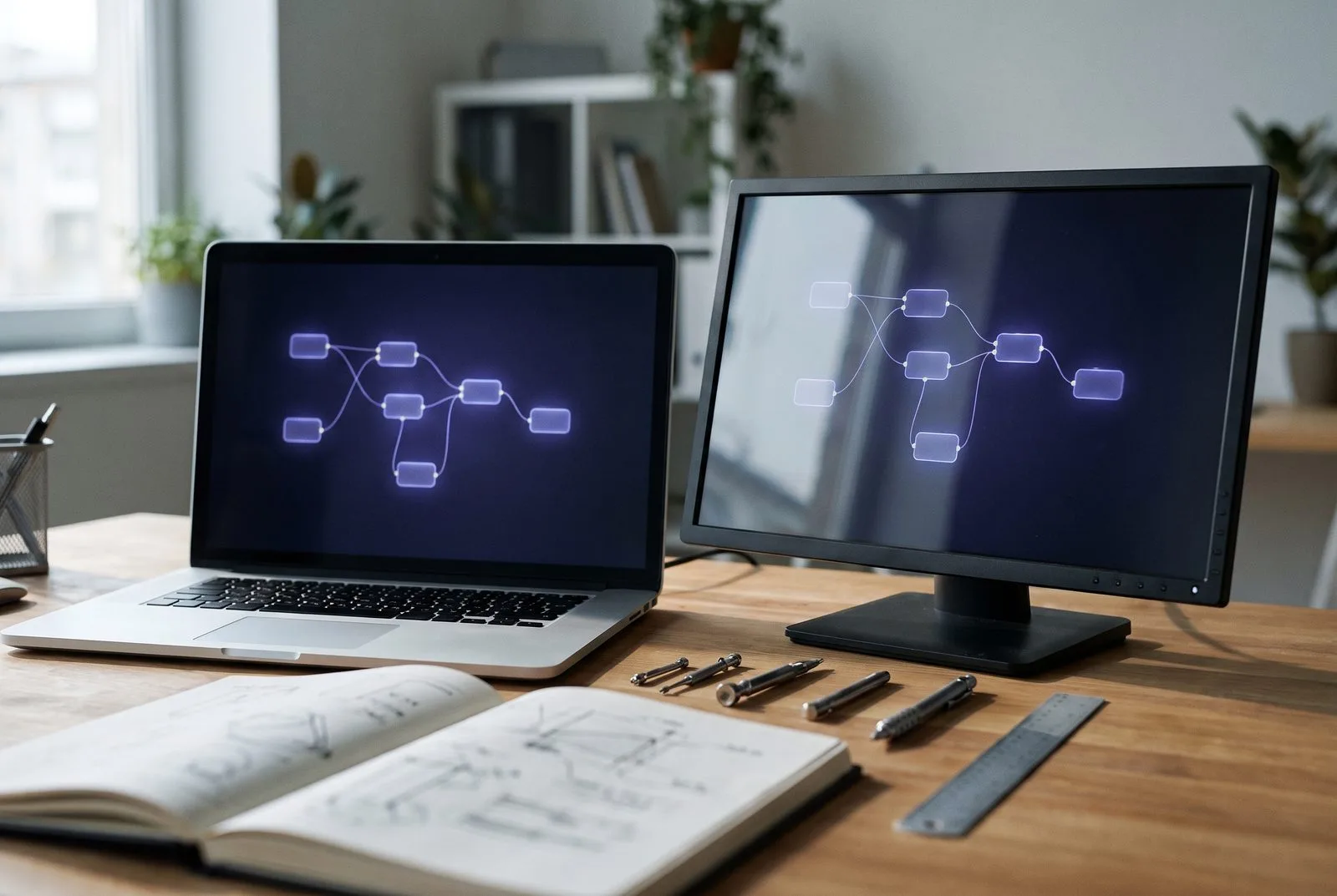 Engineering-werkplek met twee schermen vol AI-workflowgrafen — custom AI workflows op maat voor uw bedrijf