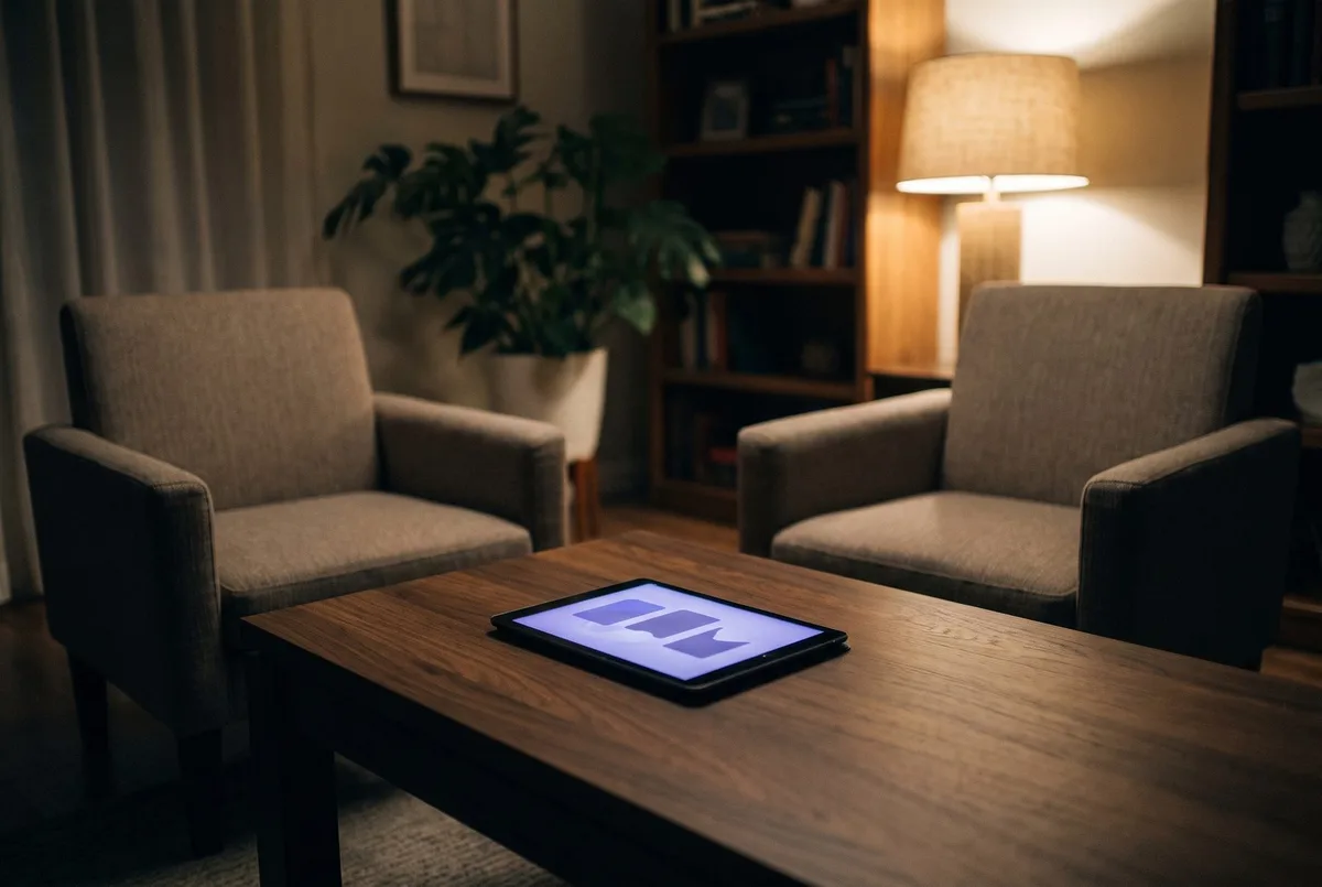 Interviewruimte met twee stoelen en tablet met AI-kandidaatkaarten — AI recruitment & HR-screening