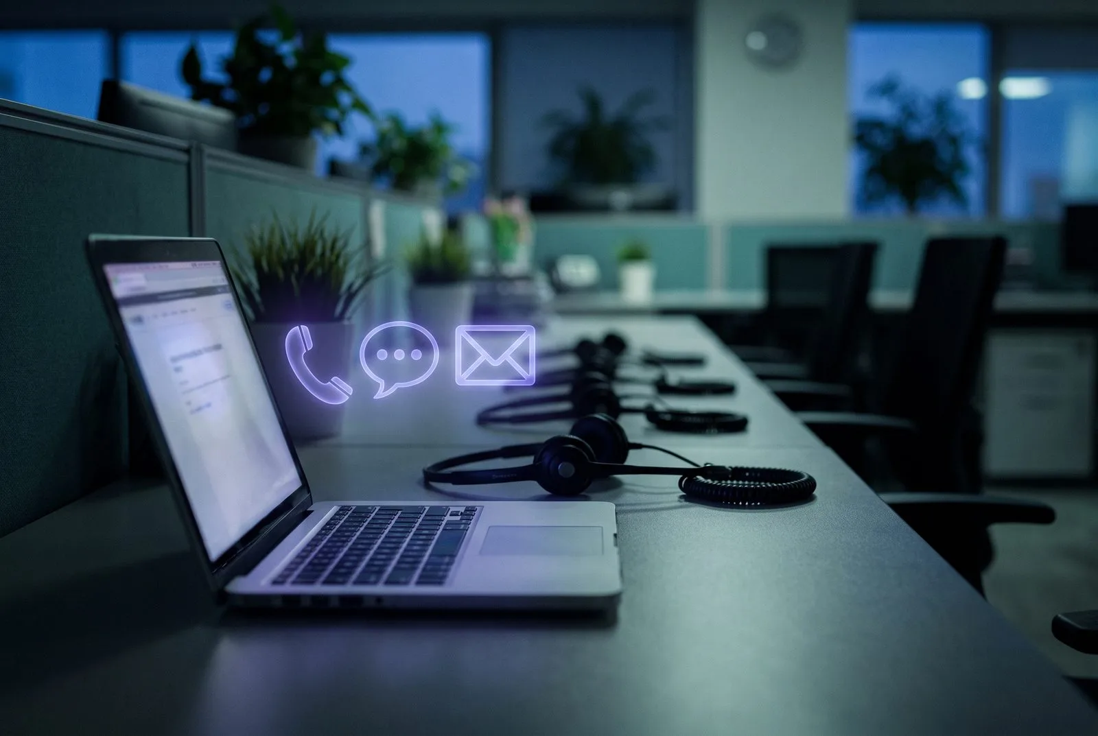 Klantenservicebureau met headsets en zwevende iconen voor telefoon, chat en mail — AI omnichannel klantenservice