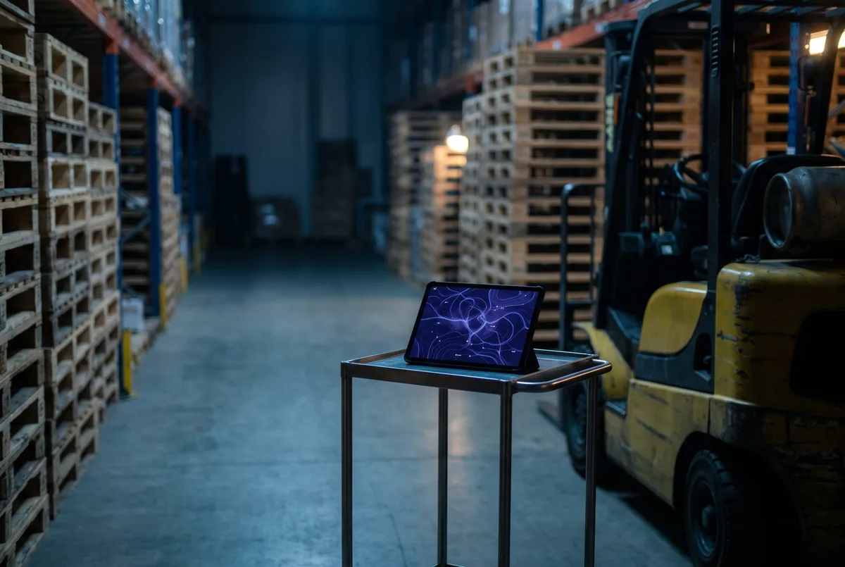 Magazijngang met heftruck en tablet met AI-routekaart — AI voor transporteurs en logistiek MKB Nederland