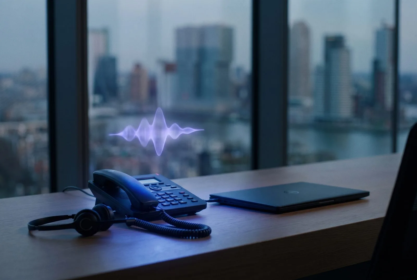 Receptie van een Nederlands MKB-bedrijf met bureautelefoon, headset en AI-geluidsgolf, Rotterdam skyline buiten — AI receptionist voor Nederlandse MKB-bedrijven