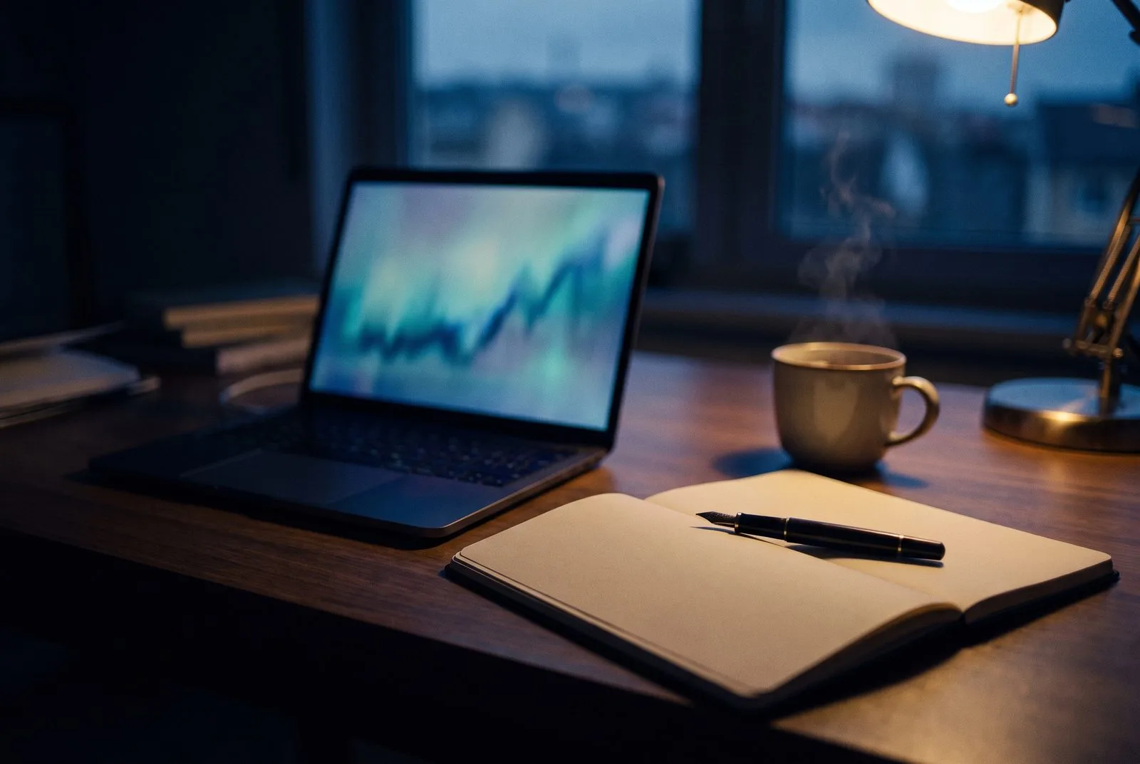 Schrijfbureau met laptop met stijgende grafiek, notitieboek en vulpen — AI SEO content generator voor Nederlandse MKB