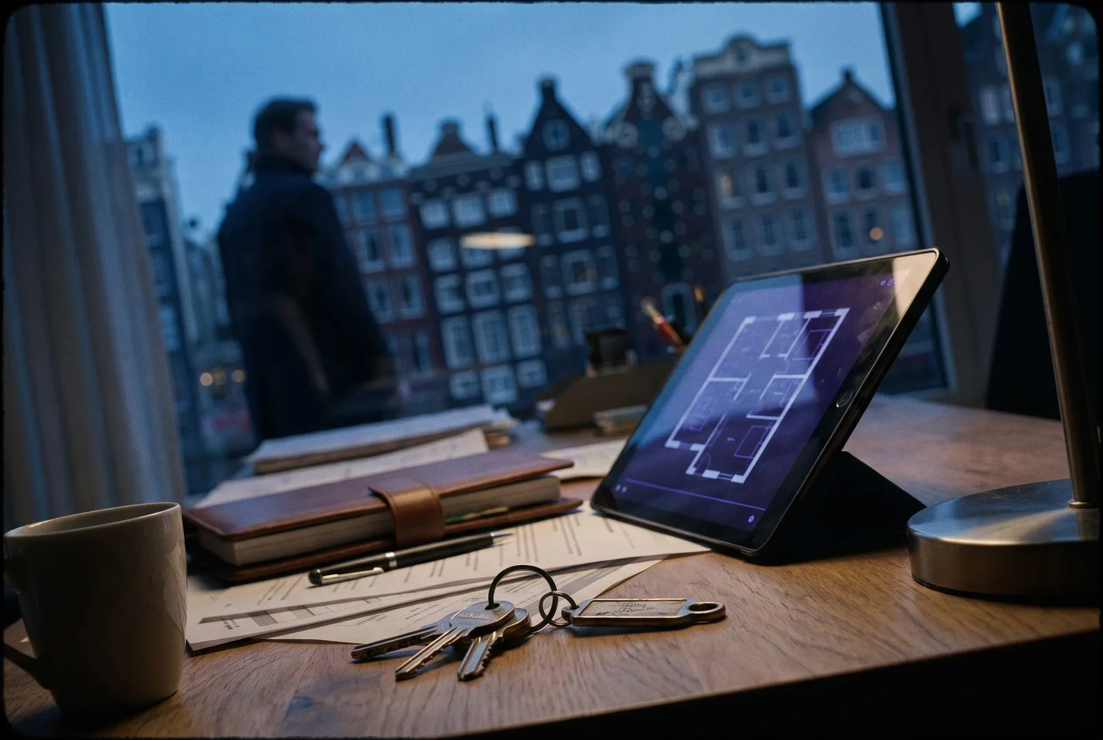 Makelaarsbureau met huissleutels en tablet met AI-plattegrond, grachtenpanden buiten — AI voor makelaars en vastgoedkantoren
