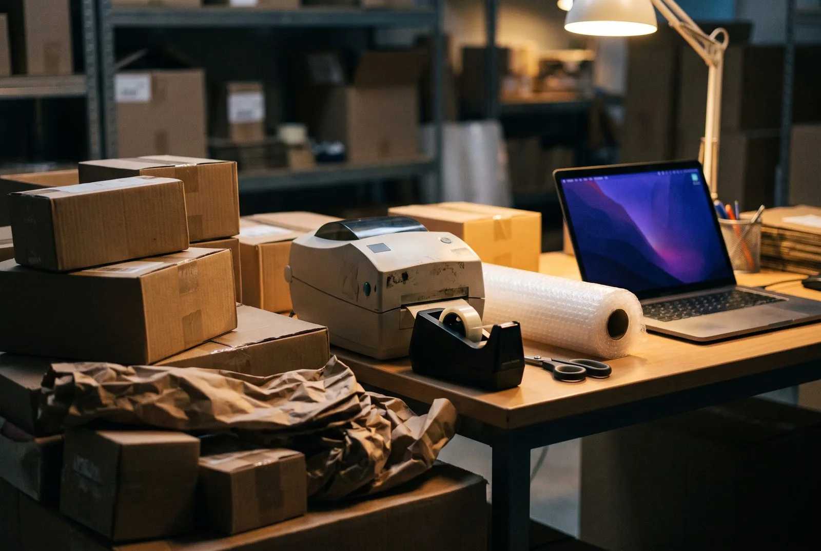 Inpakstation van een webshop met dozen, labelprinter en laptop met AI-orderoverzicht — AI voor webshops en e-commerce