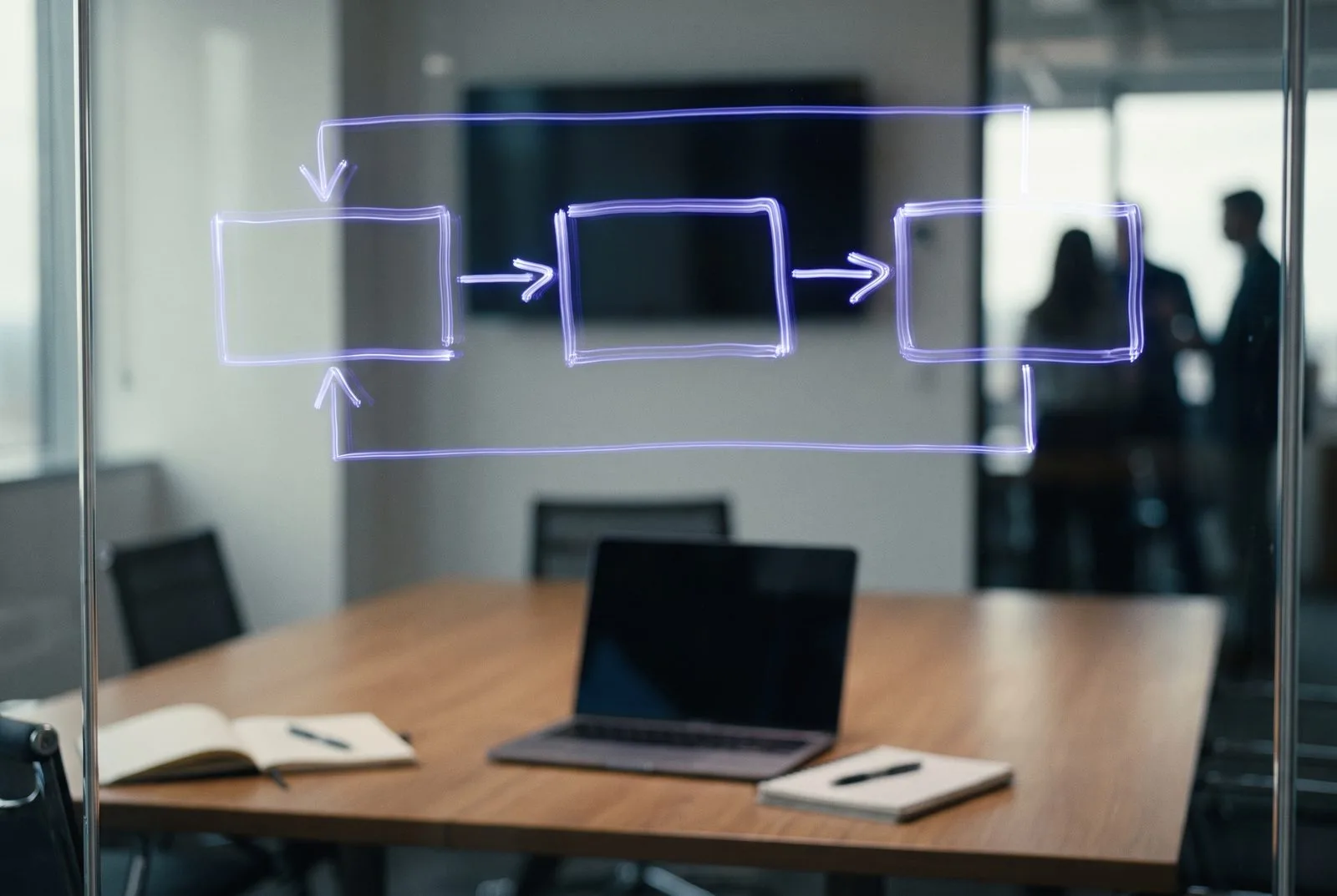 Glazen vergaderruimte met een driestappenflow in lichtlijnen op de wand — Aanloop AI werkwijze van adviesgesprek tot live AI-agent