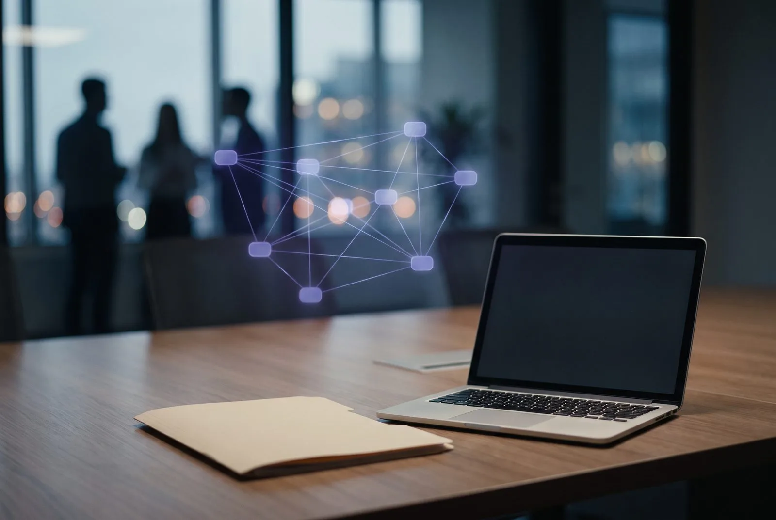 Glazen vergaderruimte van een adviesbureau met laptop en AI-netwerkdiagram — AI voor adviesbureaus en consultancy