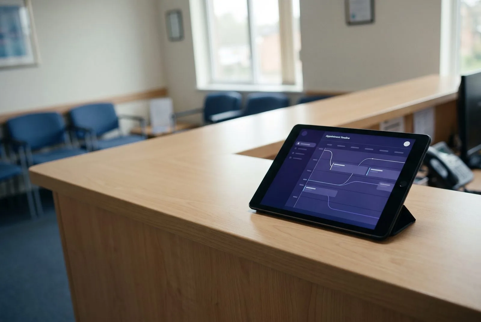 Rustige praktijkreceptie met tablet met AI-afsprakenoverzicht — AI voor zorgverleners, NEN 7510 compliant